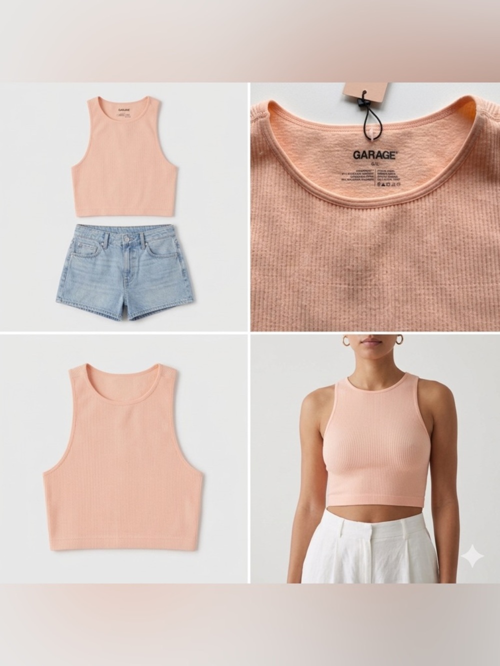 NWT Garage Sia Seamless High Neck Ribbed Crop Top Beach Sand Peach Cami Womens L